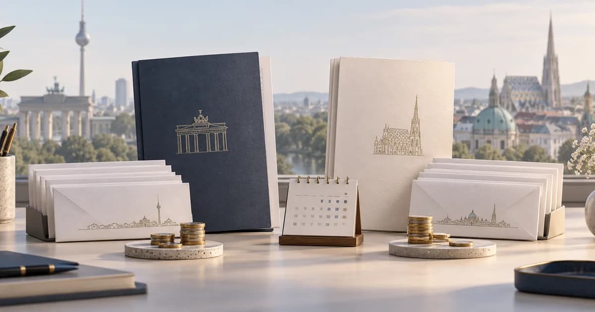 Stilize Berlin ve Viyana manzaraları önünde sözleşme dosyaları, maaş zarfları ve takvim.