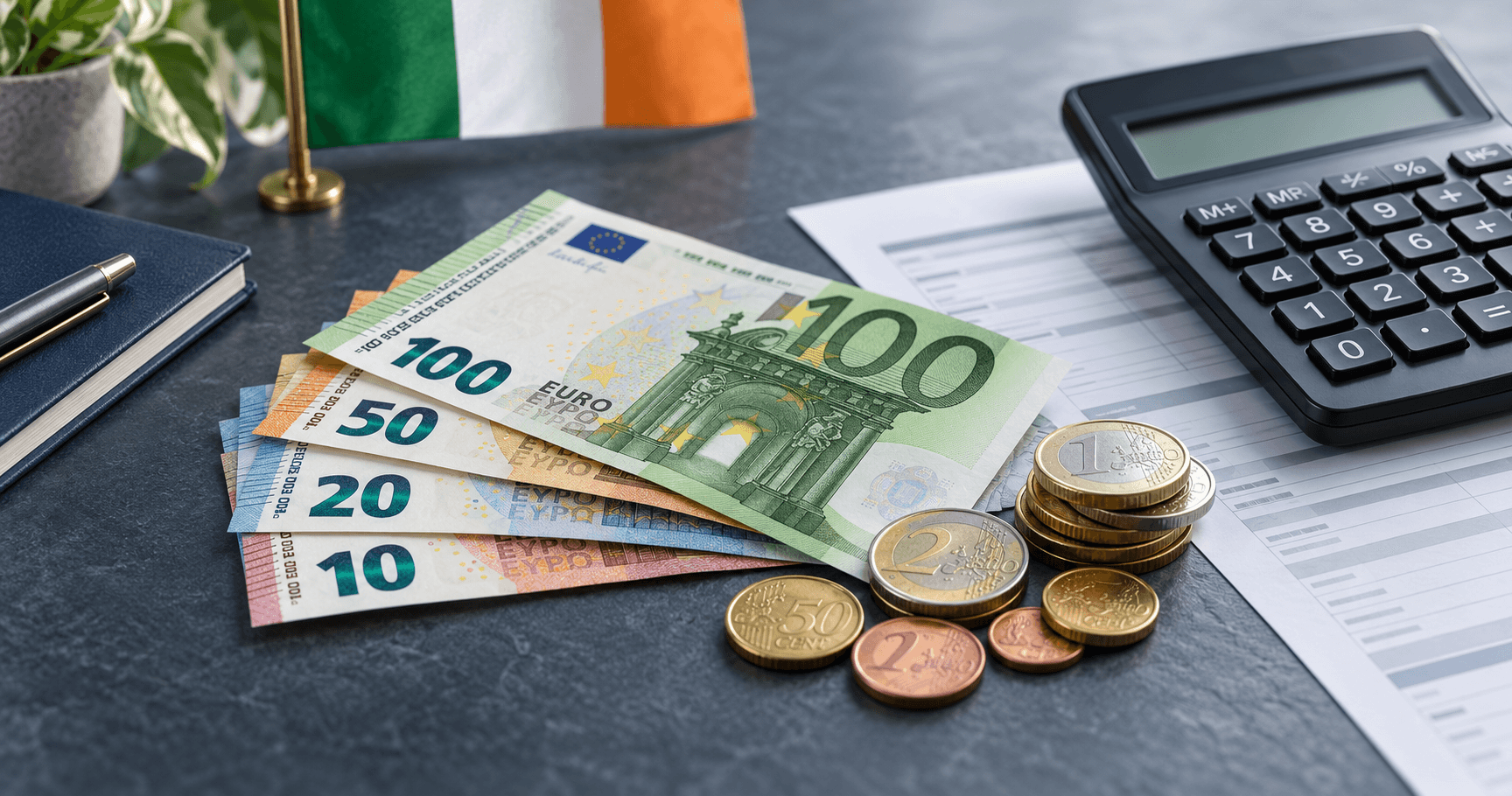 İllüstrasyon: Net maaş tahmini için euro banknotları, madeni paralar, İrlanda bayrağı ve hesap makinesi