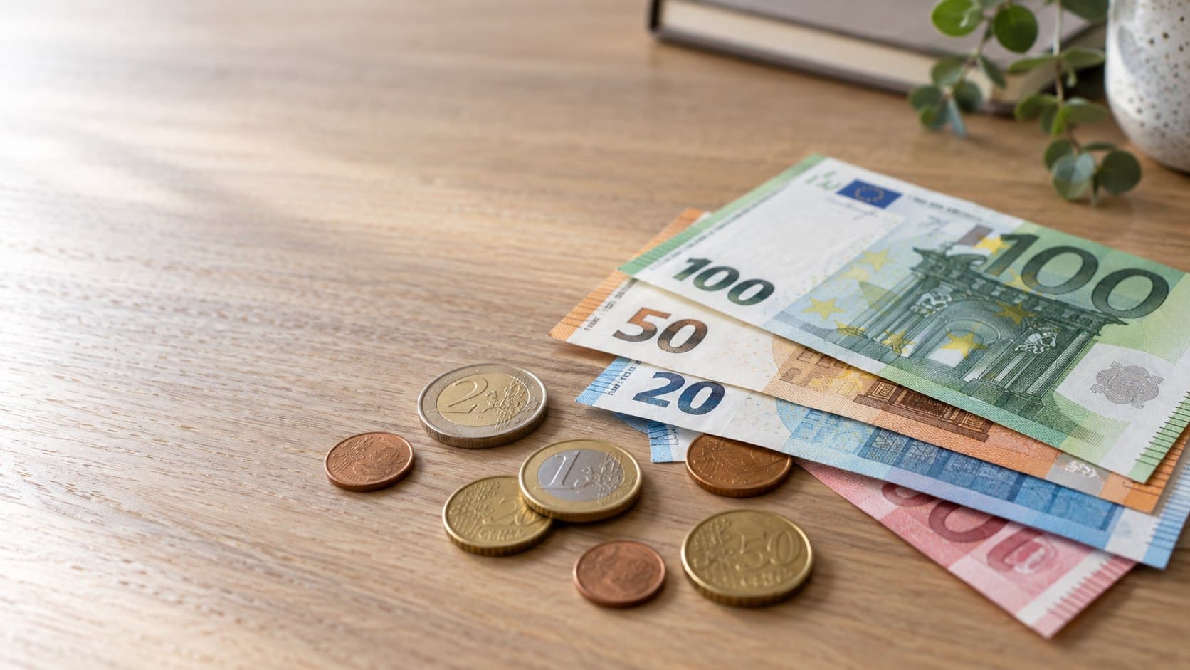Maaş ve geliri simgeleyen euro banknotları ve madeni paralar