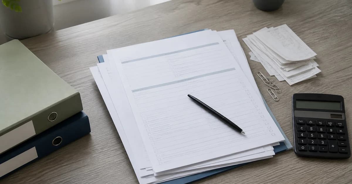 Geordnete Steuerunterlagen mit Stift, Taschenrechner, Belegen und Aktenordnern auf einem Schreibtisch