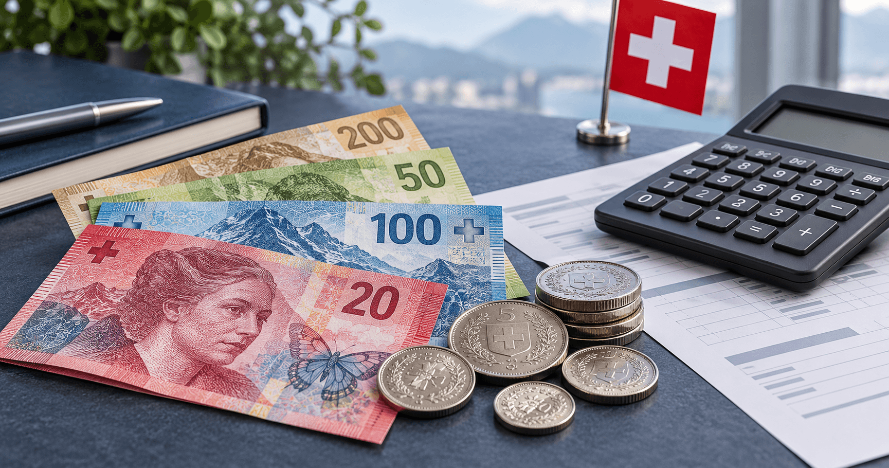 Illustration: Swiss franc notes, coins, Swiss flag and calculator for the net pay forecast